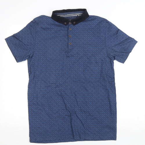 TU Mens Blue Geometric Cotton T-Shirt Size M Collared