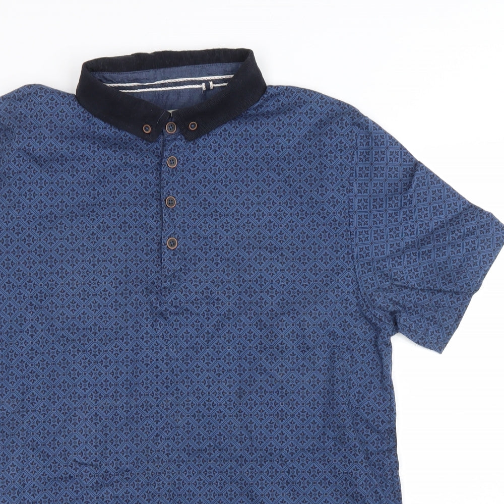 TU Mens Blue Geometric Cotton T-Shirt Size M Collared