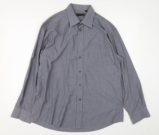 BHS Mens Grey Polyester Button-Up Size 16 Collared Button