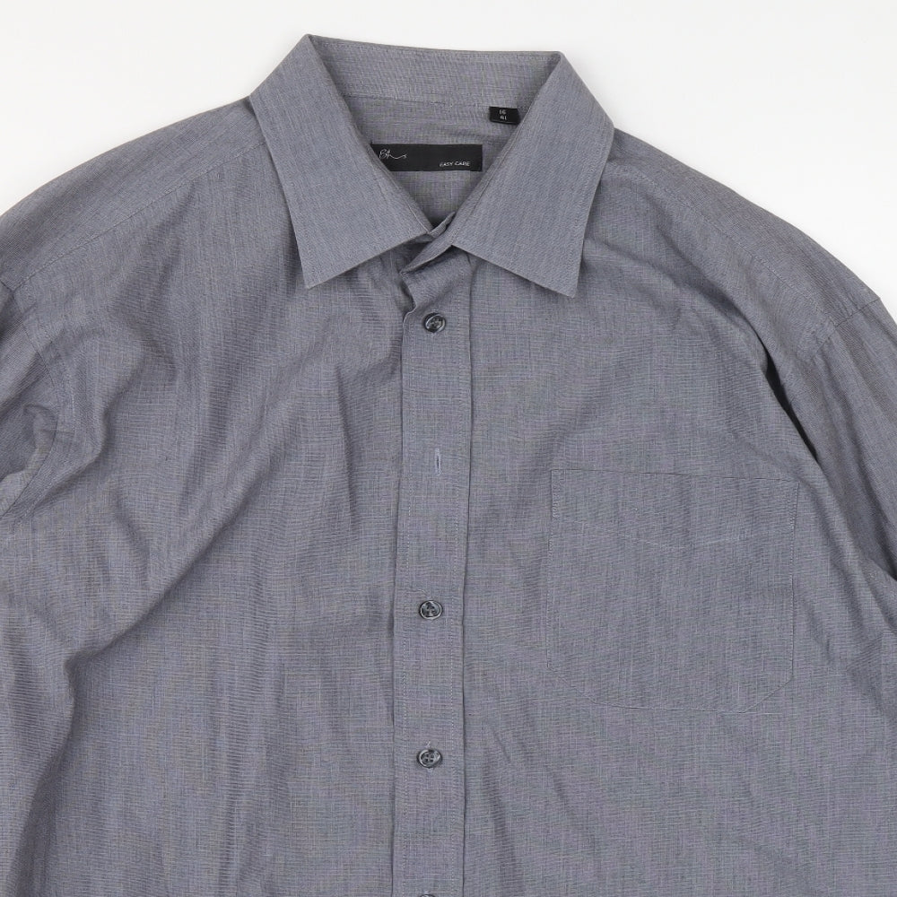 BHS Mens Grey Polyester Button-Up Size 16 Collared Button