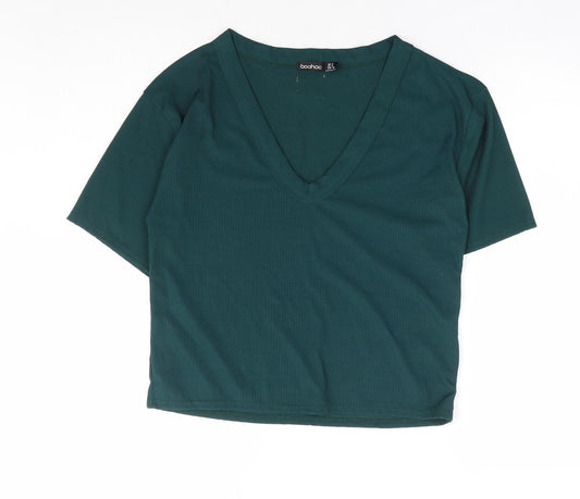 Boohoo Womens Green Polyester Basic T-Shirt Size 8 V-Neck Pullover - Ribbed