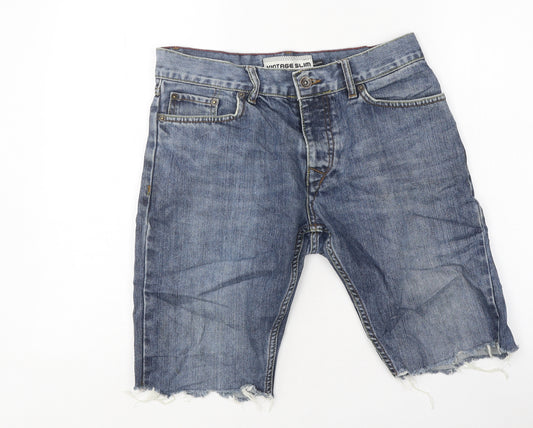 Vintage Slim Mens Blue Cotton Biker Shorts Size S L16 in Regular Zip