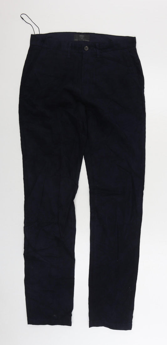 Marks and Spencer Mens Blue Cotton Trousers Size 30 in L33 in Regular Zip