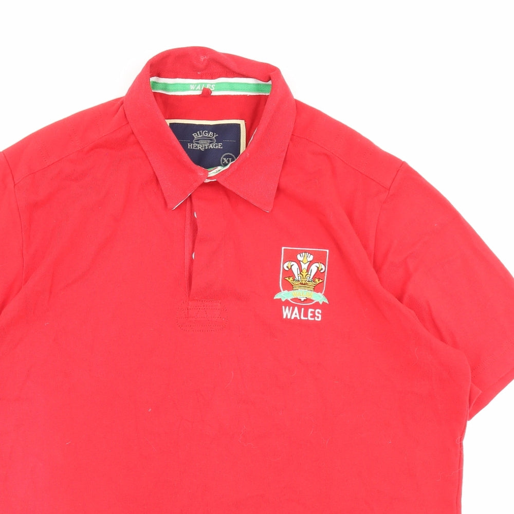 Rugby Heritage Mens Red Cotton Polo Size XL Collared Button - Wales