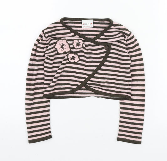 NEXT Girls Pink V-Neck Striped Acrylic Cardigan Jumper Size 3-4 Years Button - Flowers