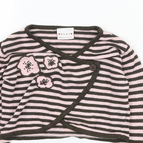 NEXT Girls Pink V-Neck Striped Acrylic Cardigan Jumper Size 3-4 Years Button - Flowers