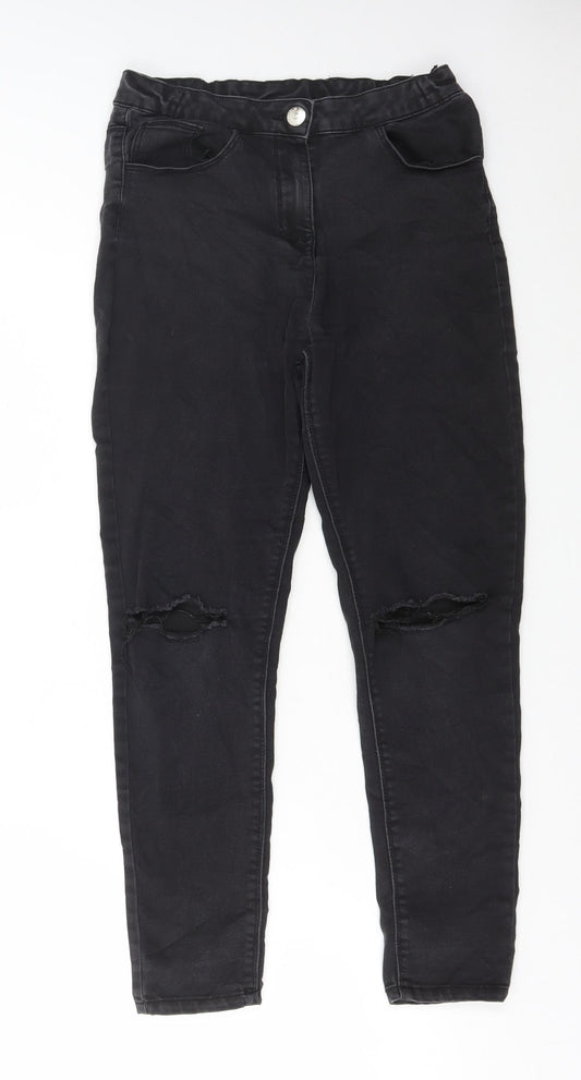 Matalan Girls Black Cotton Skinny Jeans Size 12 Years Regular Button - Distressed Denim