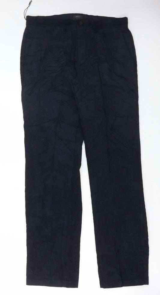 Marks and Spencer Mens Blue Cotton Trousers Size 30 in L31 in Regular Button
