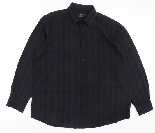 F&F Mens Black Striped Viscose Button-Up Size L Collared Button - Pocket Detail