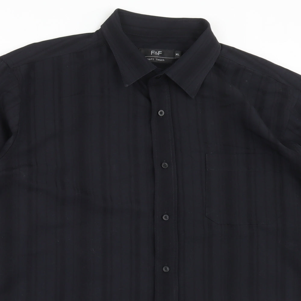 F&F Mens Black Striped Viscose Button-Up Size L Collared Button - Pocket Detail