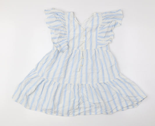 Marks and Spencer Girls Blue Striped Cotton Fit & Flare Size 9-10 Years V-Neck Button