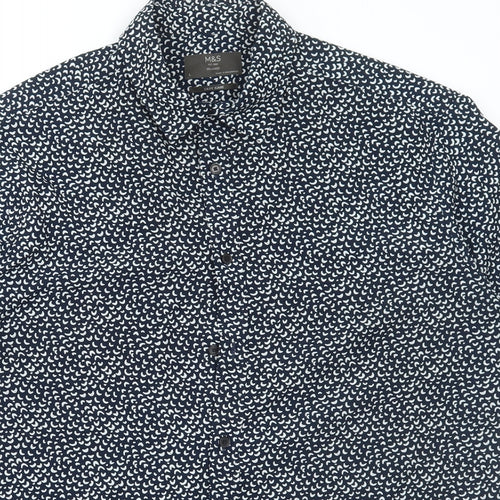 Marks and Spencer Mens Blue Geometric Polyester Button-Up Size L Collared Button