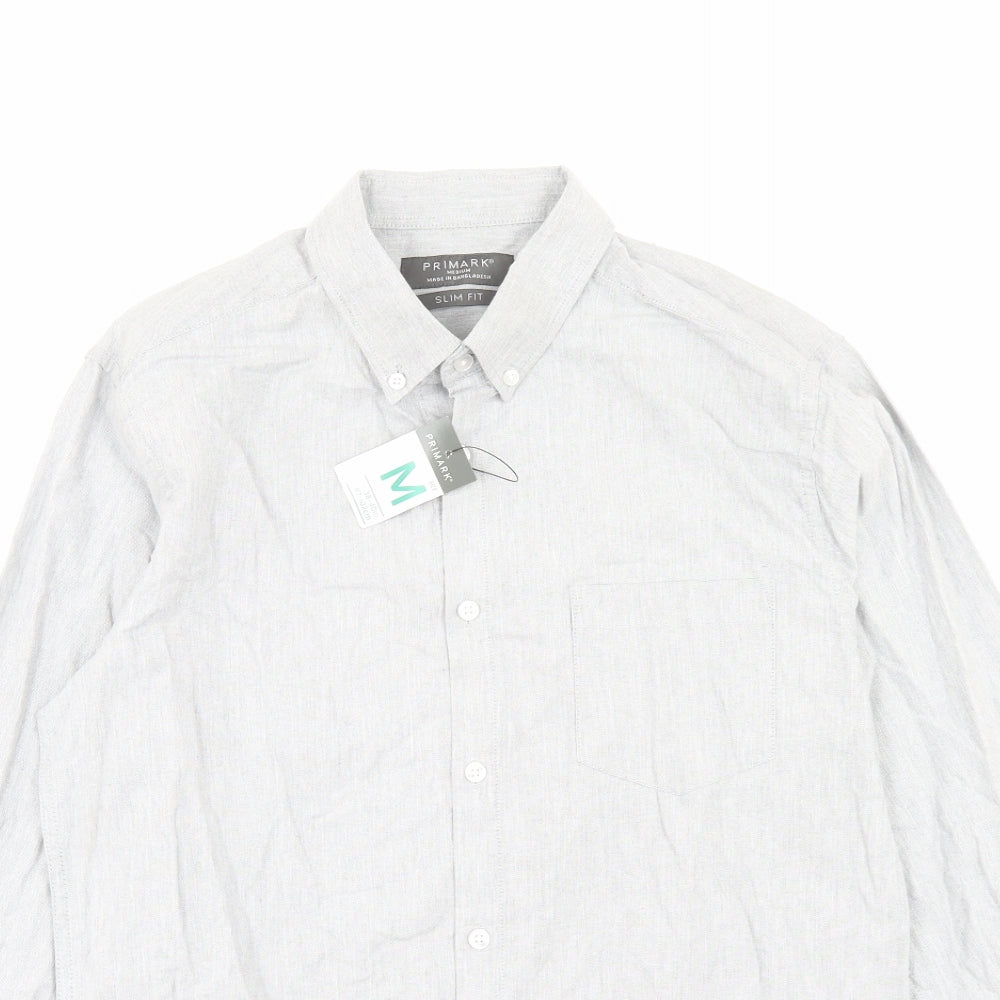 Primark Mens Grey Cotton Button-Up Size M Collared Button - Pocket Detail