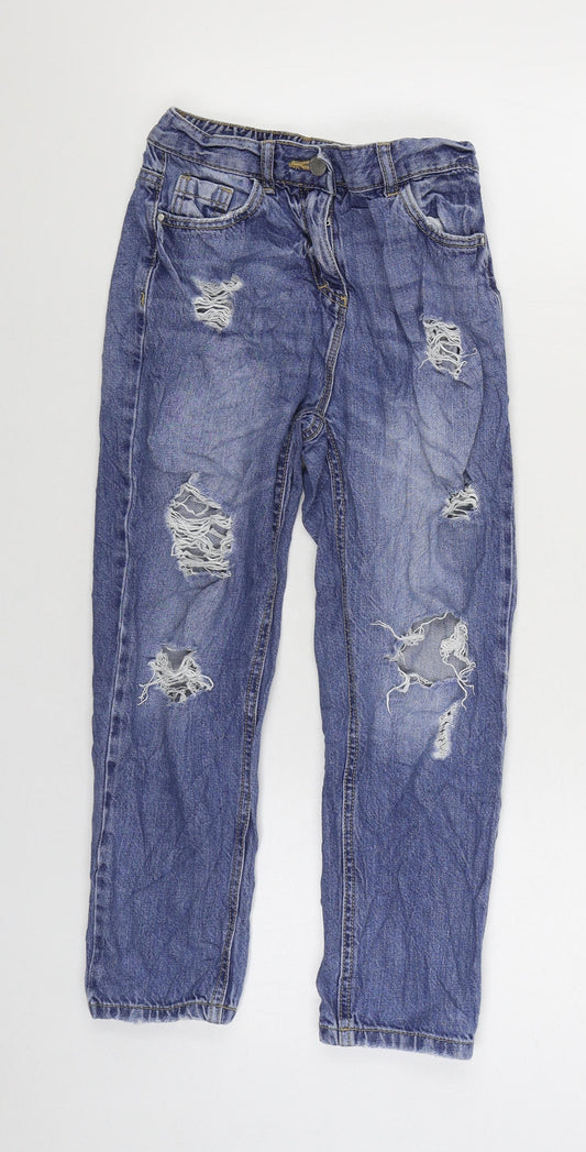 NEXT Girls Blue Cotton Straight Jeans Size 9 Years Regular Zip - Distressed