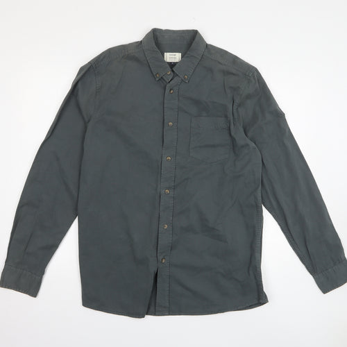 George Mens Grey Cotton Button-Up Size M Collared Button