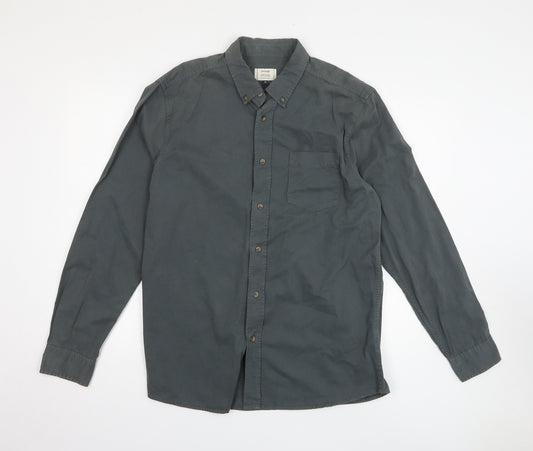 George Mens Grey Cotton Button-Up Size M Collared Button