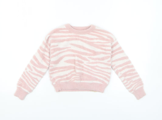 Primark Girls Pink Round Neck Animal Print Nylon Pullover Jumper Size 7-8 Years