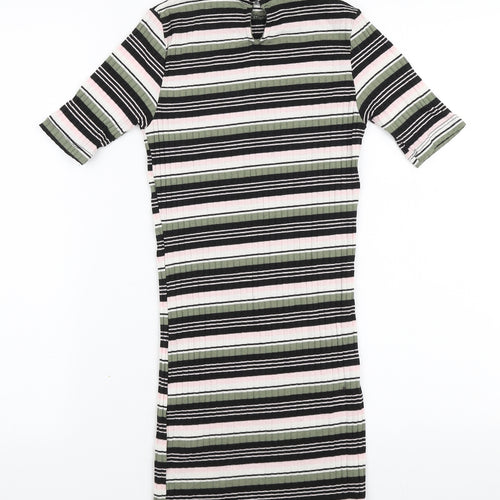 New Look Girls Multicoloured Striped Polyester T-Shirt Dress Size 9 Years Mock Neck Button