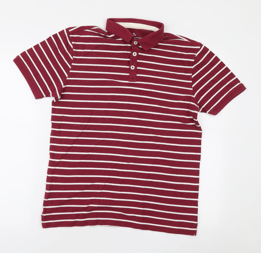 Matalan Mens Red Striped Cotton Polo Size M Collared Button