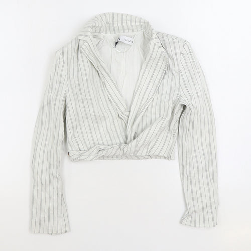 Zara Womens White Striped Polyester Cropped Blouse Size S V-Neck - Wrap Front