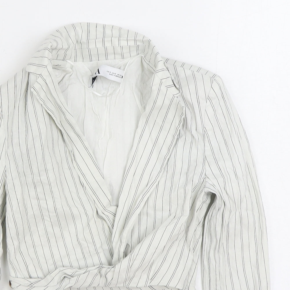 Zara Womens White Striped Polyester Cropped Blouse Size S V-Neck - Wrap Front