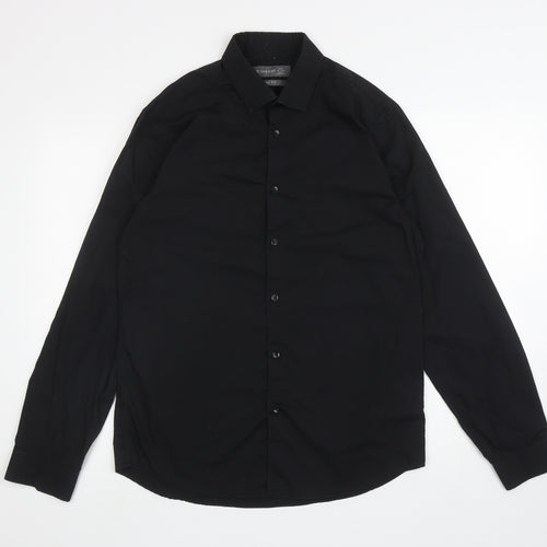 Primark Mens Black Polyester Button-Up Size M Collared Button