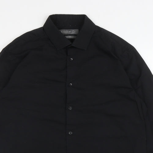 Primark Mens Black Polyester Button-Up Size M Collared Button