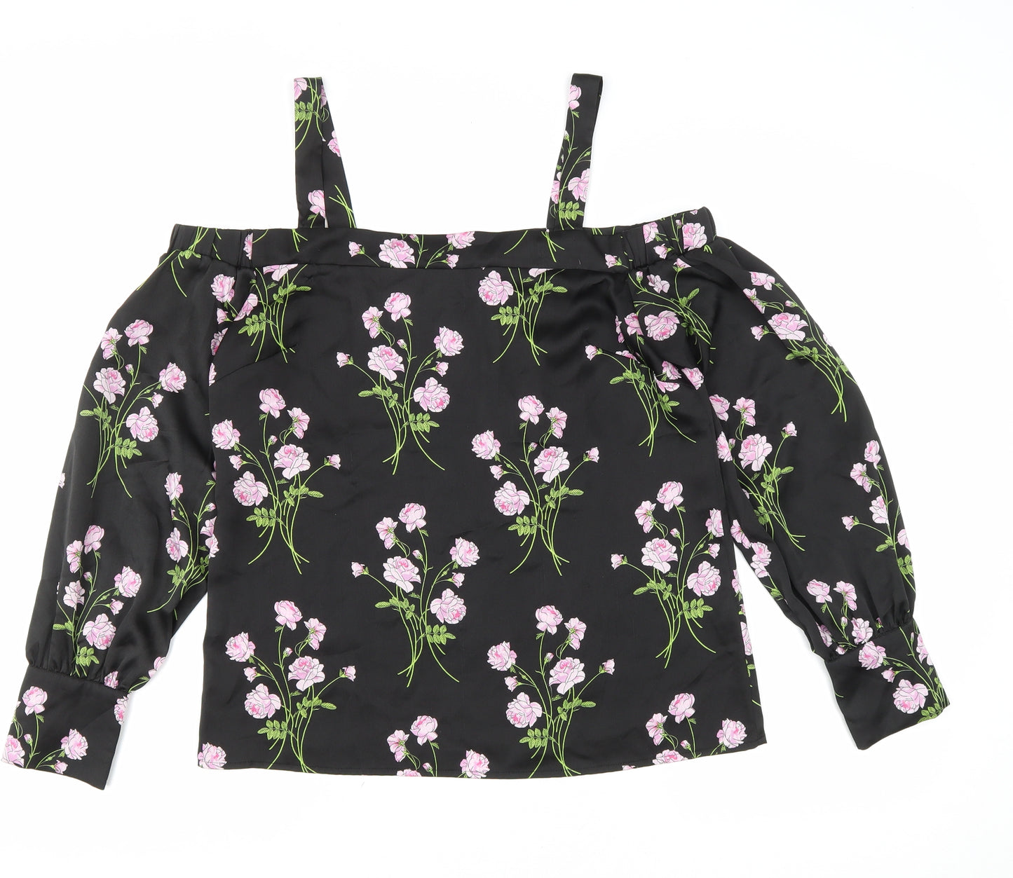 Warehouse Womens Black Floral Polyester Basic Blouse Size 10 Off the Shoulder - Cold Shoulder