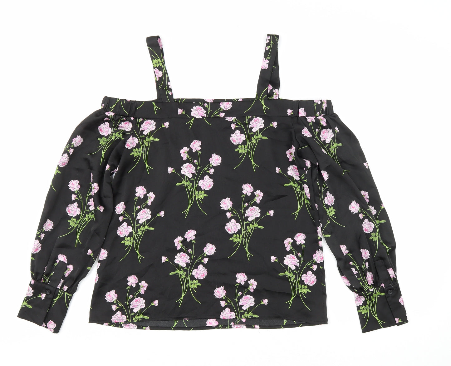 Warehouse Womens Black Floral Polyester Basic Blouse Size 10 Off the Shoulder - Cold Shoulder