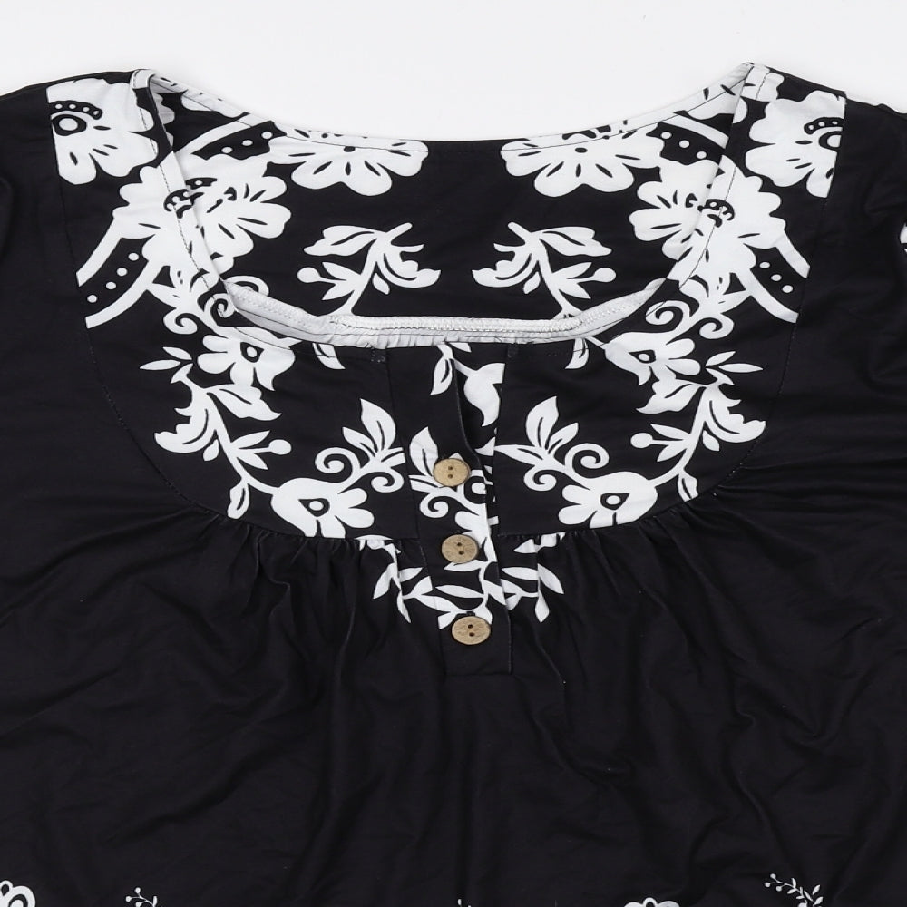 Preworn Womens Black Floral Polyester Basic Blouse Size L Scoop Neck