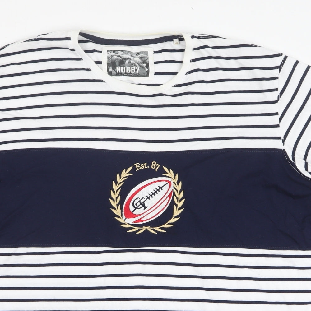 Cotton Traders Mens White Striped Cotton T-Shirt Size 2XL Round Neck - Rugby