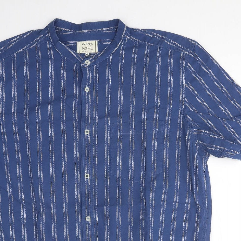 George Mens Blue Striped Polyester Button-Up Size XL Mock Neck Button