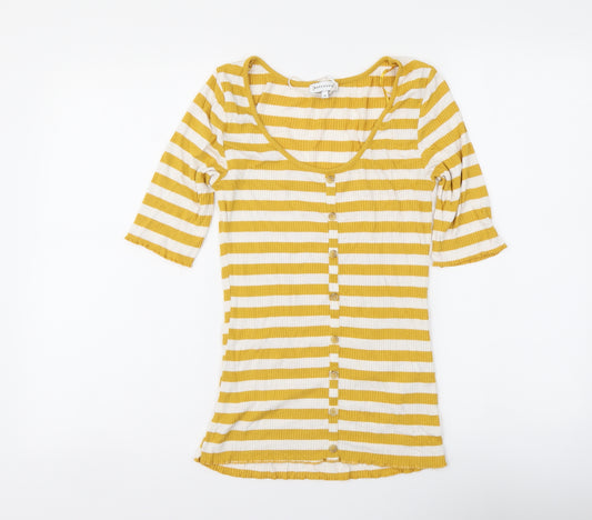 Warehouse Womens Yellow Striped Viscose Basic Blouse Size 10 Round Neck