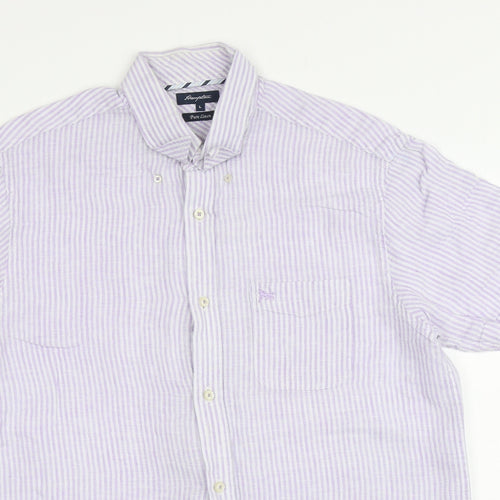 Matalan Mens Purple Striped Linen Button-Up Size L Collared Button