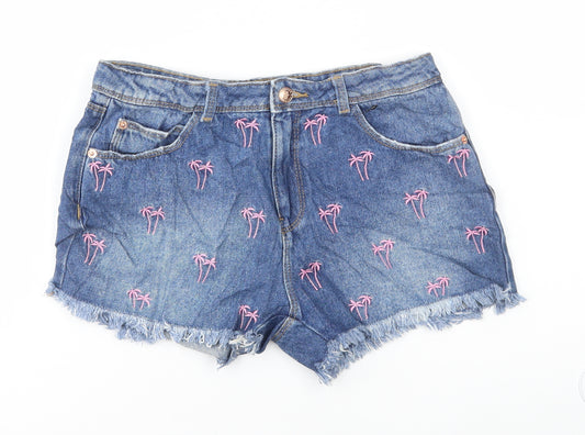 Marks and Spencer Girls Blue Geometric Cotton Hot Pants Shorts Size 12-13 Years Regular Zip - Palm Tree Print
