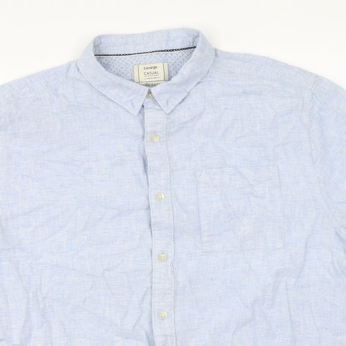 George Mens Blue Linen Button-Up Size L Collared Button