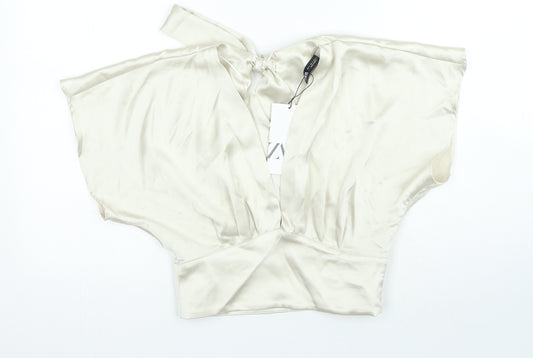 Zara Womens Beige Polyester Basic Blouse Size S V-Neck - Open Back