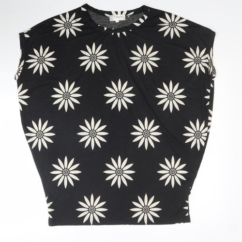 Voulez-Vous Womens Black Floral Polyester Basic T-Shirt Size L Round Neck
