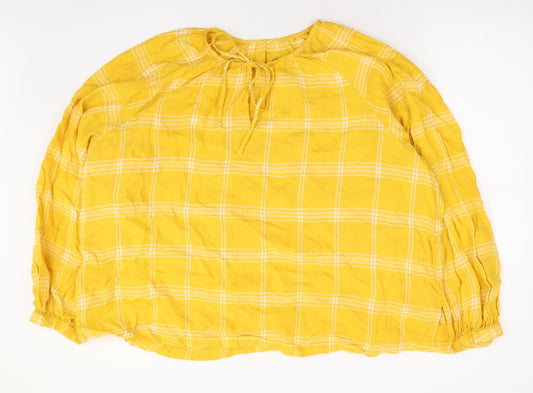 Marks and Spencer Womens Yellow Plaid Linen Basic Blouse Size 22 Round Neck