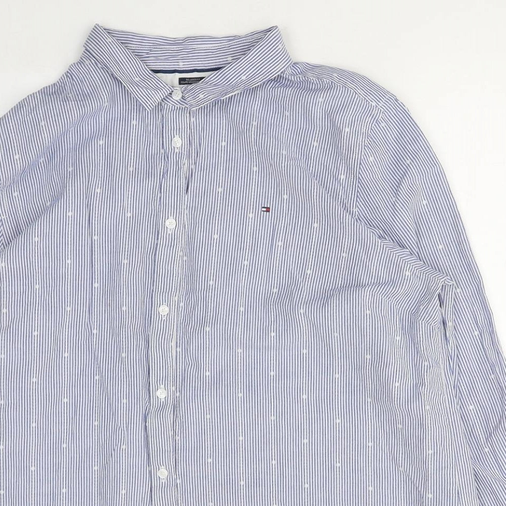 Tommy Hilfiger Mens Blue Striped Polyester Button-Up Size XL Collared Button