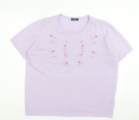 Bonmarché Womens Purple Floral Acrylic Basic T-Shirt Size L Crew Neck