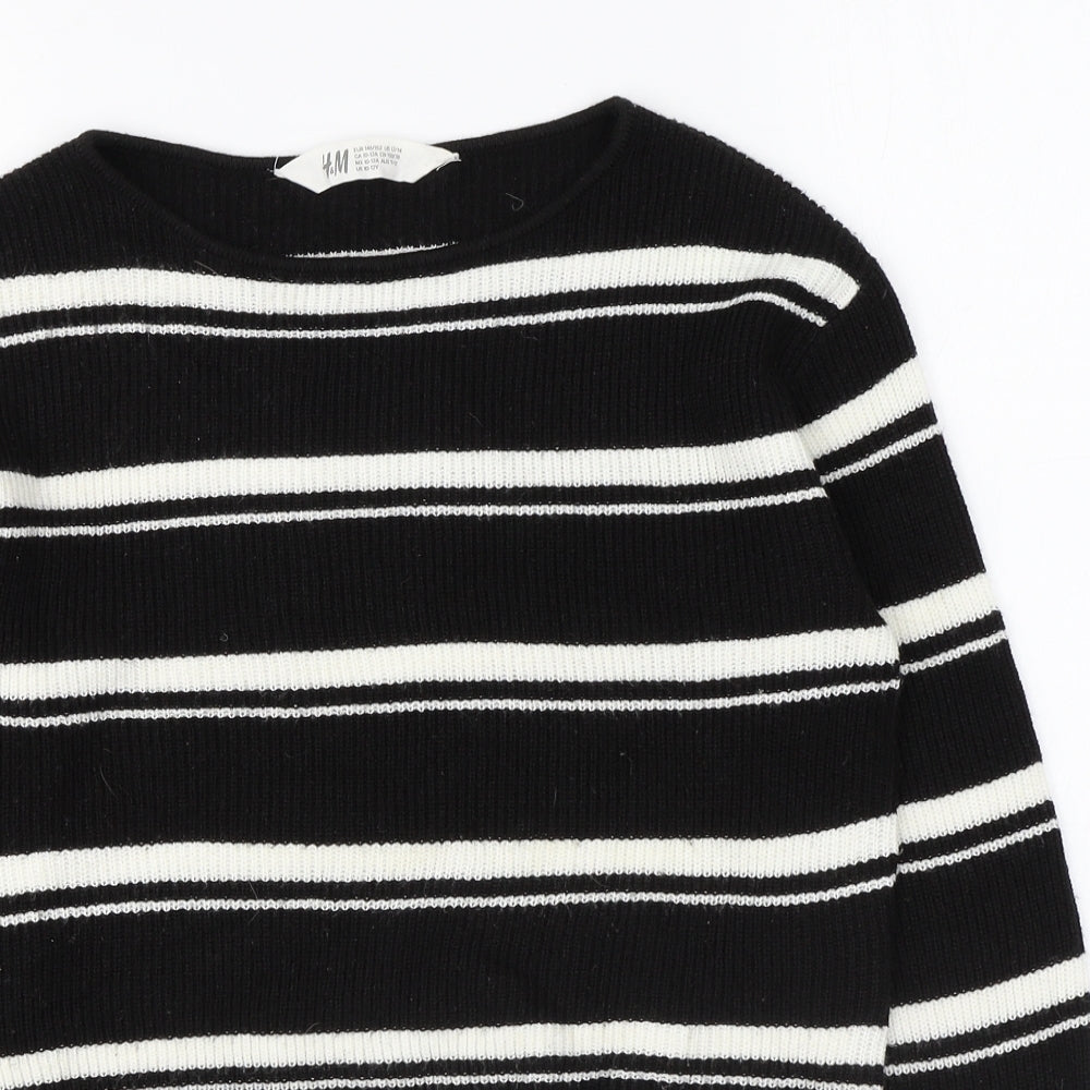 H&M Girls Black Round Neck Striped Acrylic Pullover Jumper Size 10-11 Years Pullover