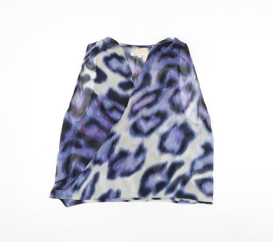 Glamorous Womens Blue Animal Print Polyester Basic Blouse Size S V-Neck - Leopard Print