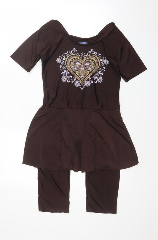 HAT Girls Brown Polyester Unitard One-Piece Size L Pullover - Heart