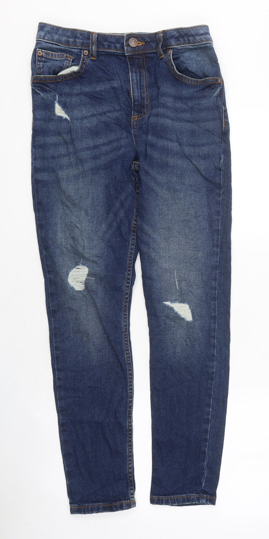 River Island Girls Blue 100% Cotton Skinny Jeans Size 12 Years L31 in Regular Zip - Distressed