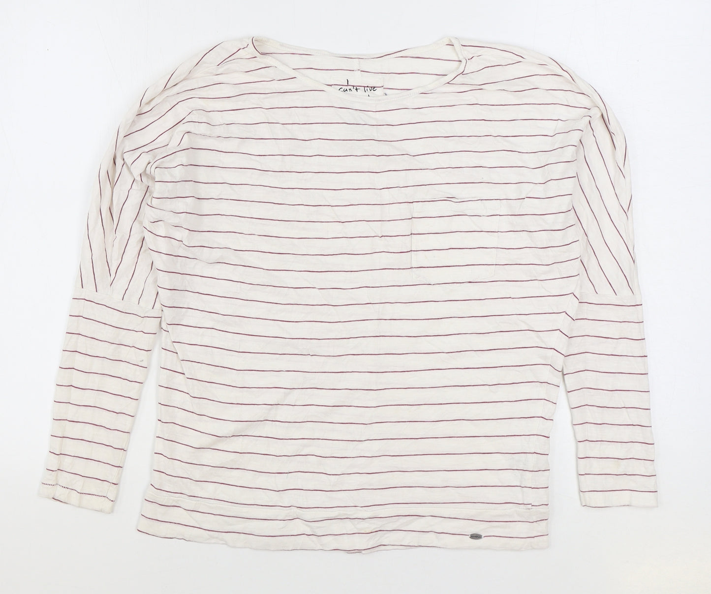O'Neill Womens White Striped Cotton Basic T-Shirt Size L Round Neck