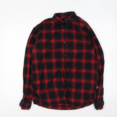New Look Mens Red Plaid Cotton Button-Up Size M Collared Button