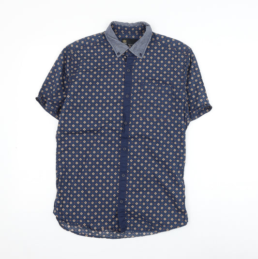 NEXT Mens Blue Geometric Cotton Button-Up Size S Collared Button