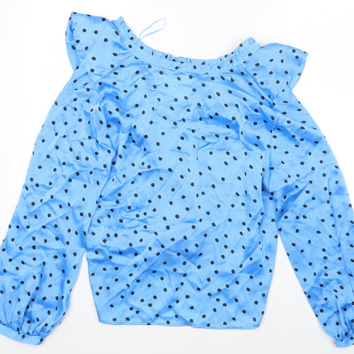 Zara Womens Blue Polka Dot Polyester Ringer Blouse Size L Scoop Neck