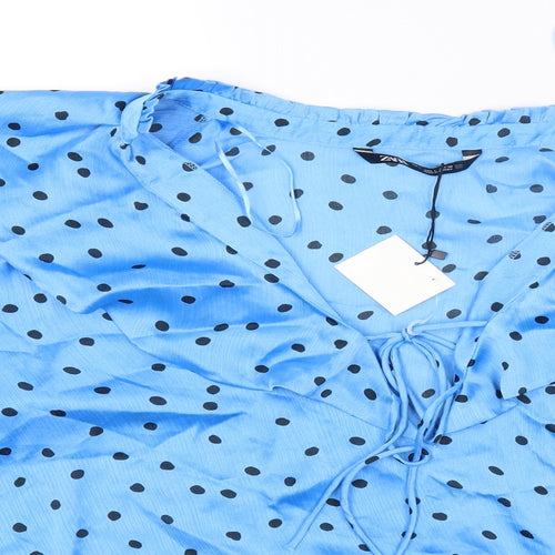 Zara Womens Blue Polka Dot Polyester Ringer Blouse Size L Scoop Neck
